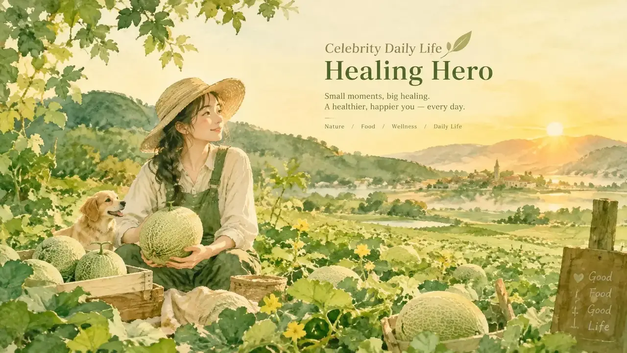 明星动态主题暖色插画，日出瓜田场景